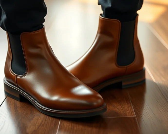 Close-up of premium tan leather Chelsea boots on polished wooden floor, showing clean lines and elastic side panels, morning natural light, photorealistic, professional footwear photography