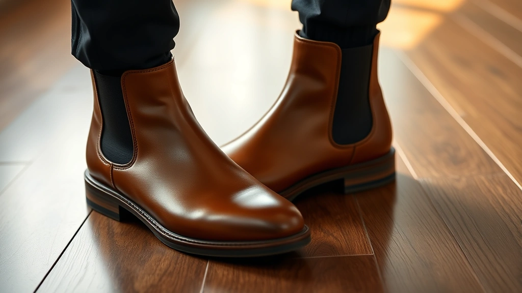 Close-up of premium tan leather Chelsea boots on polished wooden floor, showing clean lines and elastic side panels, morning natural light, photorealistic, professional footwear photography