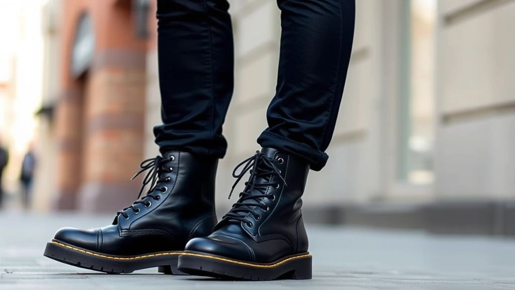 Man wearing black lace-up combat boots with tapered dark jeans and neutral sweater, standing in urban environment, confident posture, natural daylight, street style photography