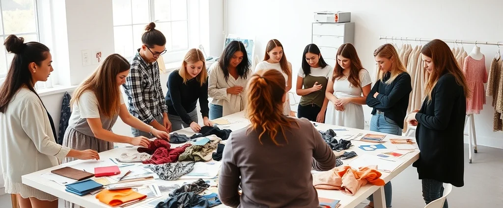 Diverse group of young fashion designers collaborating around a large work table covered with fabric swatches, sketches, and design materials in a bright studio with natural light, showing creative energy and mentorship interaction