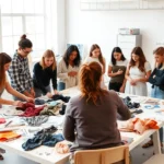 Diverse group of young fashion designers collaborating around a large work table covered with fabric swatches, sketches, and design materials in a bright studio with natural light, showing creative energy and mentorship interaction