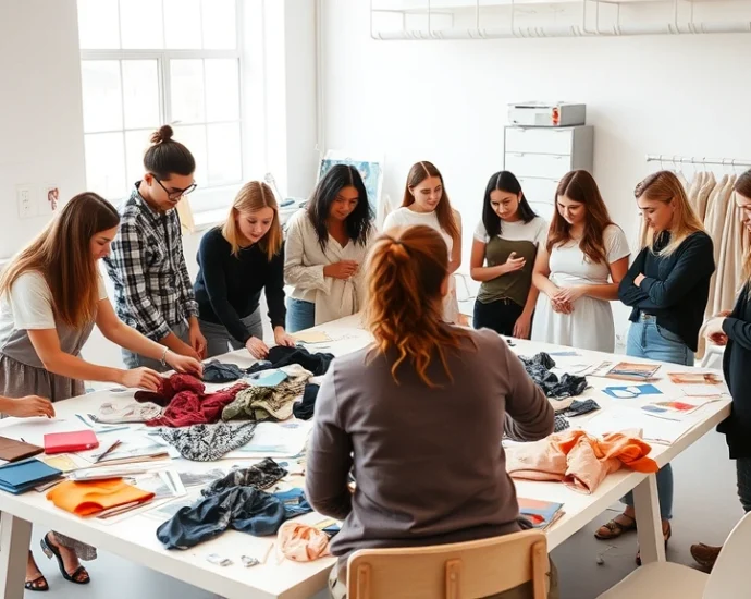 Diverse group of young fashion designers collaborating around a large work table covered with fabric swatches, sketches, and design materials in a bright studio with natural light, showing creative energy and mentorship interaction