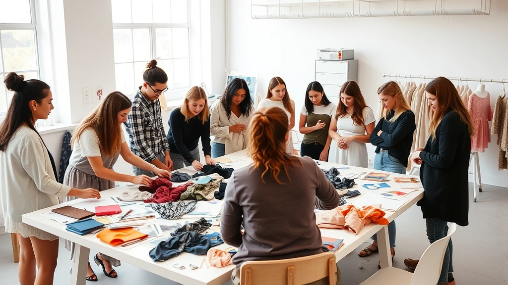 Diverse group of young fashion designers collaborating around a large work table covered with fabric swatches, sketches, and design materials in a bright studio with natural light, showing creative energy and mentorship interaction