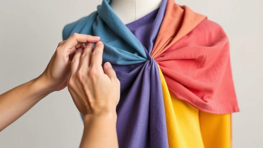Close-up of hands pinning and draping colorful sustainable fabric samples on a dress form, showcasing texture and color palette selection with a neutral studio background, demonstrating hands-on design technique
