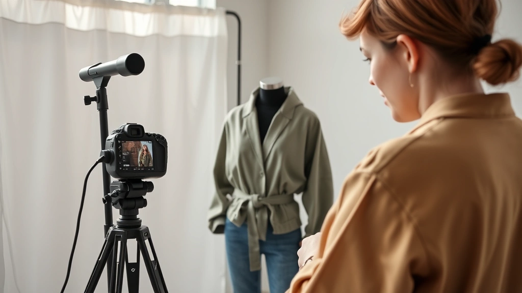 Young designer photographing finished garment pieces for social media on a professional setup with natural lighting, showing digital presence documentation and modern fashion industry practices