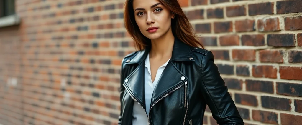 Woman wearing sleek black leather motorcycle jacket with white undershirt, standing against urban brick wall, confident pose, natural daylight, professional fashion photography