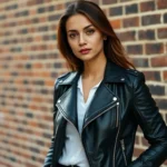 Woman wearing sleek black leather motorcycle jacket with white undershirt, standing against urban brick wall, confident pose, natural daylight, professional fashion photography