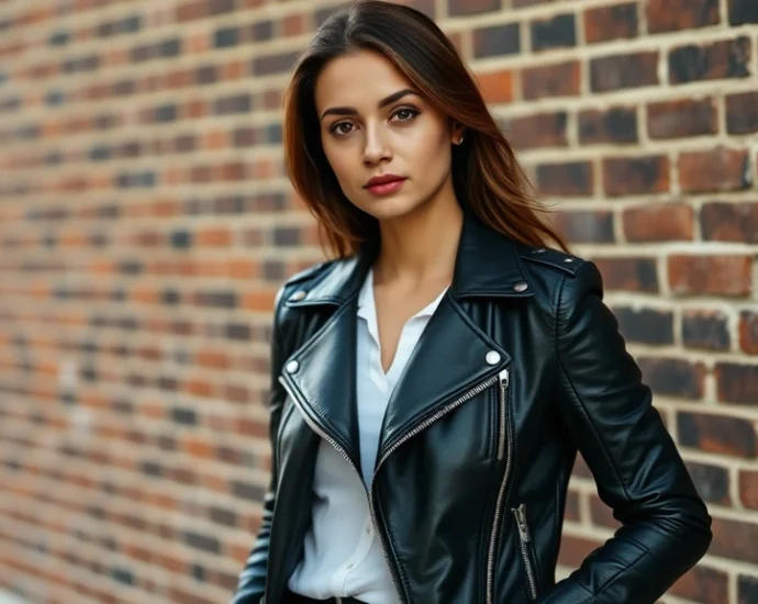 Woman wearing sleek black leather motorcycle jacket with white undershirt, standing against urban brick wall, confident pose, natural daylight, professional fashion photography