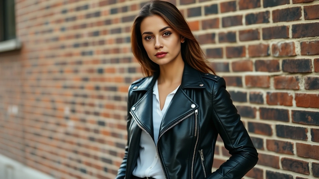 Woman wearing sleek black leather motorcycle jacket with white undershirt, standing against urban brick wall, confident pose, natural daylight, professional fashion photography