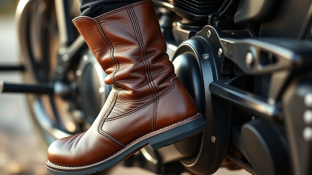 Close-up detail of premium motorcycle boots in rich brown leather with reinforced stitching, worn on motorcycle footpeg, authentic riding context, natural lighting