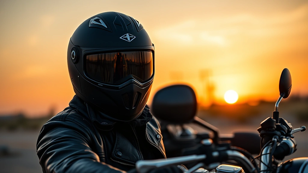 Stylish rider in matte black full-face helmet with custom graphics, leather jacket, and gloves, seated on motorcycle at sunset, golden hour lighting, lifestyle photography