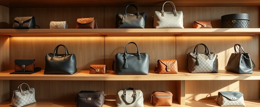 Luxury designer handbags and accessories displayed on elegant wooden shelves, soft natural lighting highlighting fabric textures and craftsmanship details