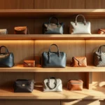 Luxury designer handbags and accessories displayed on elegant wooden shelves, soft natural lighting highlighting fabric textures and craftsmanship details