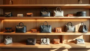 Luxury designer handbags and accessories displayed on elegant wooden shelves, soft natural lighting highlighting fabric textures and craftsmanship details