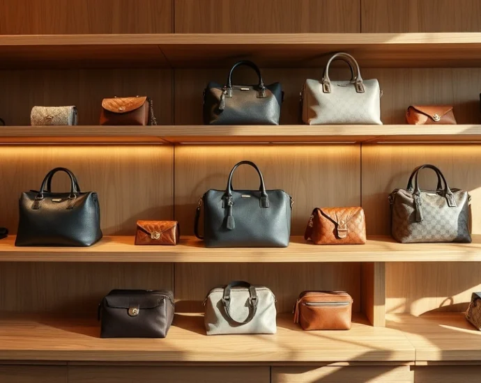 Luxury designer handbags and accessories displayed on elegant wooden shelves, soft natural lighting highlighting fabric textures and craftsmanship details