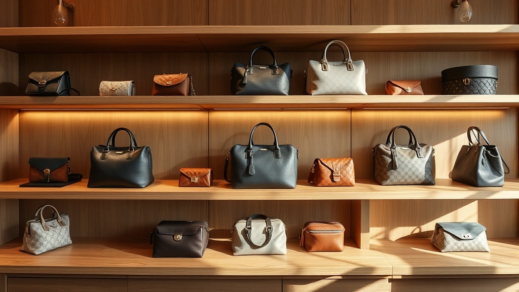 Luxury designer handbags and accessories displayed on elegant wooden shelves, soft natural lighting highlighting fabric textures and craftsmanship details