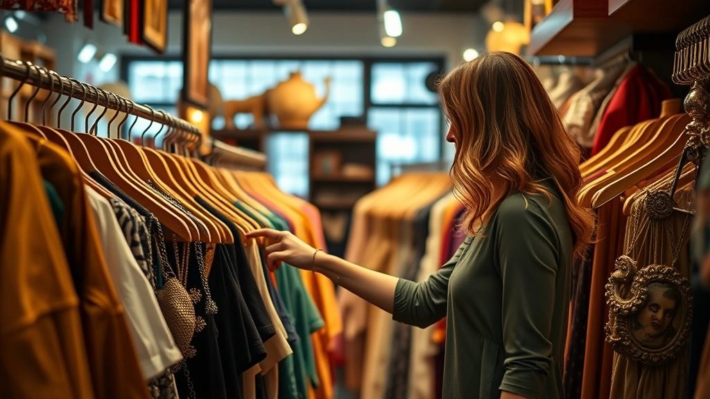 Woman browsing vintage clothing racks in boutique setting, running hand along silk fabrics, warm interior lighting creating welcoming atmosphere