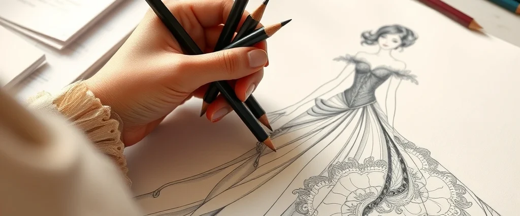 Woman holding colored pencils over an intricate fashion illustration of an elegant evening gown with flowing fabric details and ornate patterns, soft natural lighting, creative workspace aesthetic, photorealistic