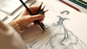 Woman holding colored pencils over an intricate fashion illustration of an elegant evening gown with flowing fabric details and ornate patterns, soft natural lighting, creative workspace aesthetic, photorealistic