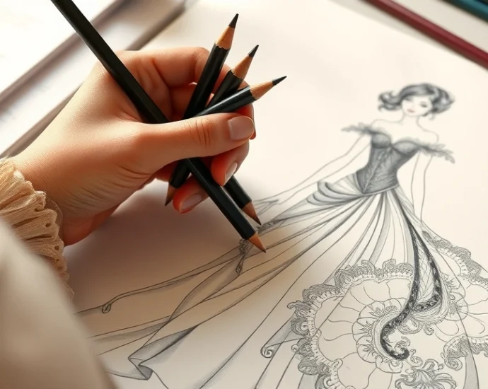 Woman holding colored pencils over an intricate fashion illustration of an elegant evening gown with flowing fabric details and ornate patterns, soft natural lighting, creative workspace aesthetic, photorealistic