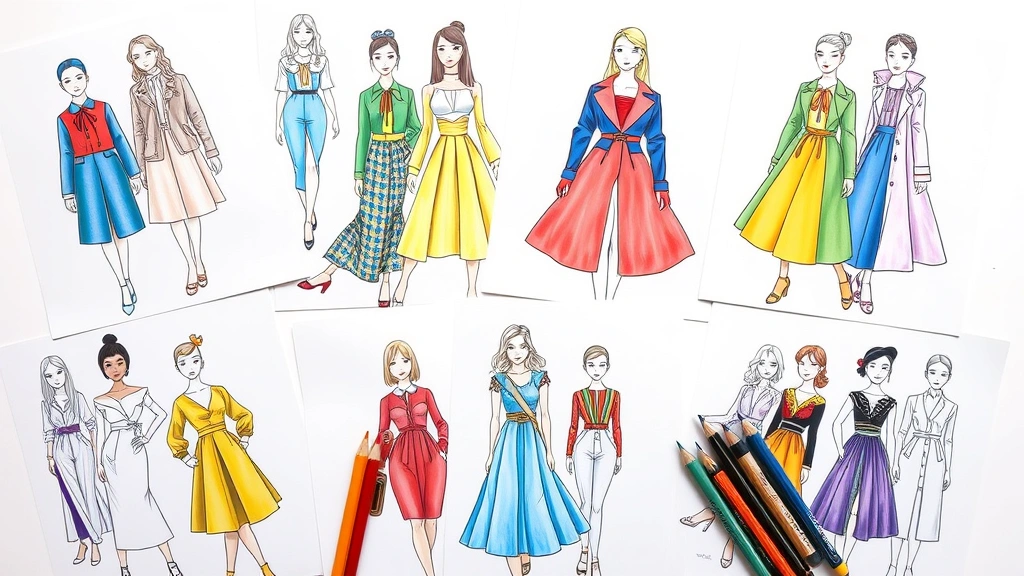 Flat lay of completed fashion coloring pages featuring diverse clothing designs in vibrant colors, quality colored pencil application, professional artistic presentation, warm studio lighting, arranged artfully