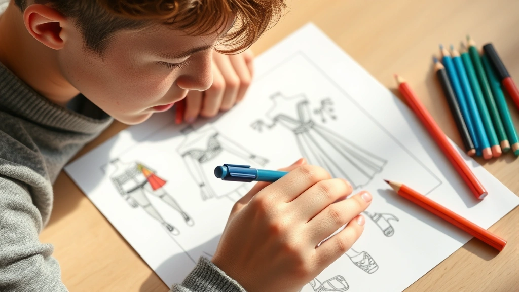Young adult concentrating on detailed fashion design coloring page with markers and pencils, showing hands working on intricate accessory details, mindful creative moment, natural daylight, focused expression