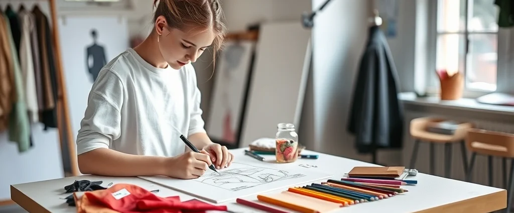 Young fashion design student sketching on drafting table with fabric swatches and colored pencils spread across workspace, natural window lighting, professional studio environment, creative mood
