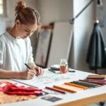 Young fashion design student sketching on drafting table with fabric swatches and colored pencils spread across workspace, natural window lighting, professional studio environment, creative mood