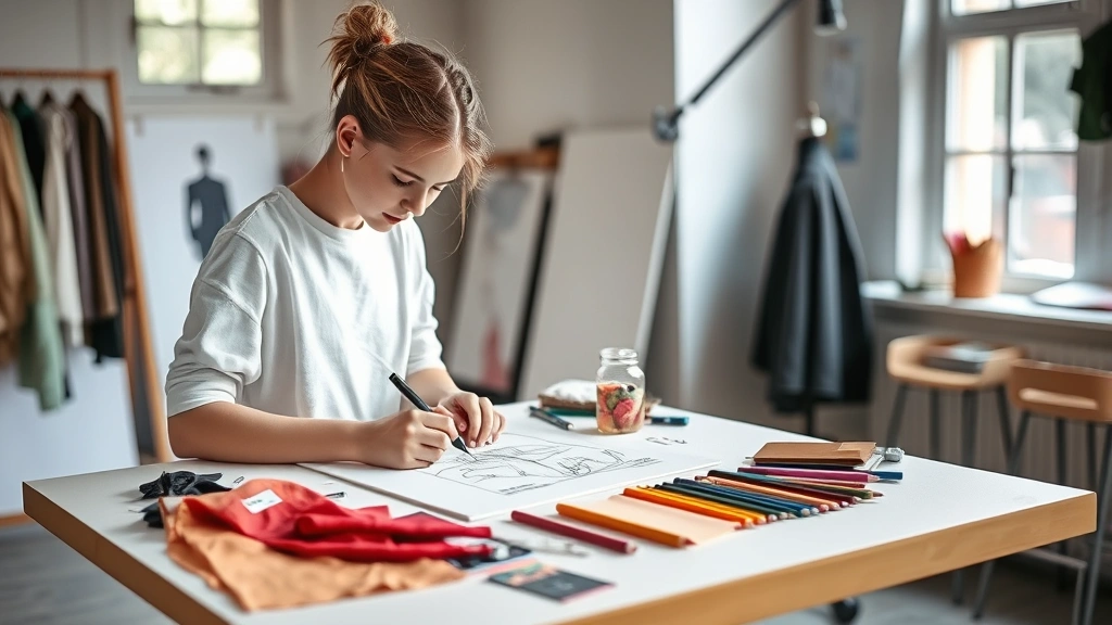 Young fashion design student sketching on drafting table with fabric swatches and colored pencils spread across workspace, natural window lighting, professional studio environment, creative mood