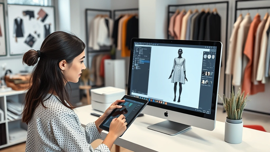 Fashion designer working on digital tablet using CLO 3D software, showing 3D garment visualization on computer screen, modern design studio with fabric samples and mood boards visible