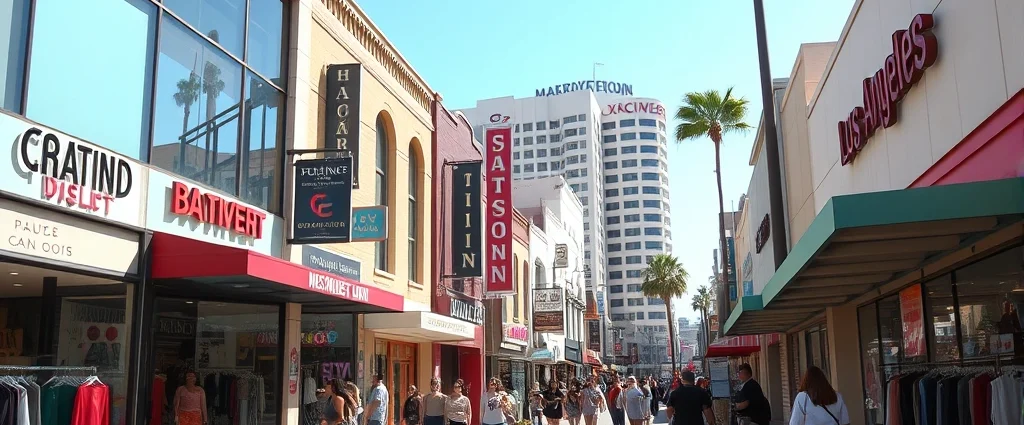 Vibrant Los Angeles Fashion District street scene with colorful storefronts, pedestrians browsing designer boutiques, and bustling sidewalk energy during daytime shopping hours, natural sunlight highlighting fashion displays