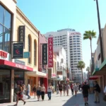 Vibrant Los Angeles Fashion District street scene with colorful storefronts, pedestrians browsing designer boutiques, and bustling sidewalk energy during daytime shopping hours, natural sunlight highlighting fashion displays
