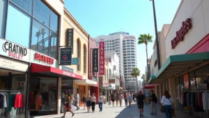Vibrant Los Angeles Fashion District street scene with colorful storefronts, pedestrians browsing designer boutiques, and bustling sidewalk energy during daytime shopping hours, natural sunlight highlighting fashion displays