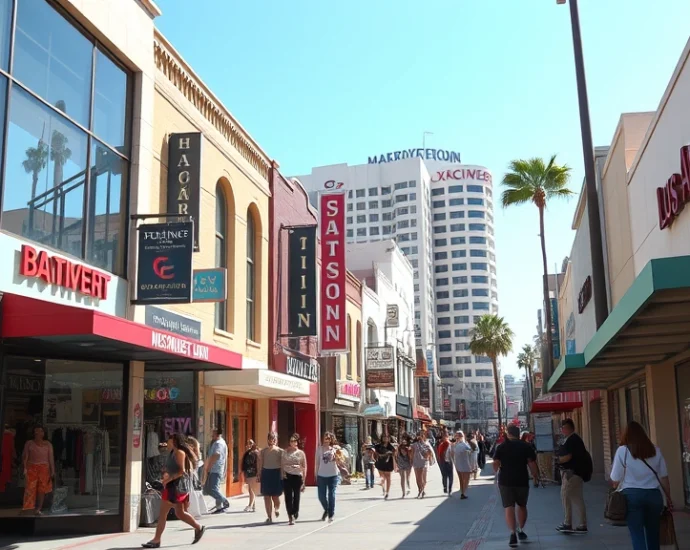 Vibrant Los Angeles Fashion District street scene with colorful storefronts, pedestrians browsing designer boutiques, and bustling sidewalk energy during daytime shopping hours, natural sunlight highlighting fashion displays