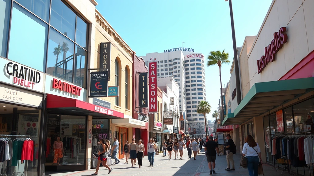 Vibrant Los Angeles Fashion District street scene with colorful storefronts, pedestrians browsing designer boutiques, and bustling sidewalk energy during daytime shopping hours, natural sunlight highlighting fashion displays