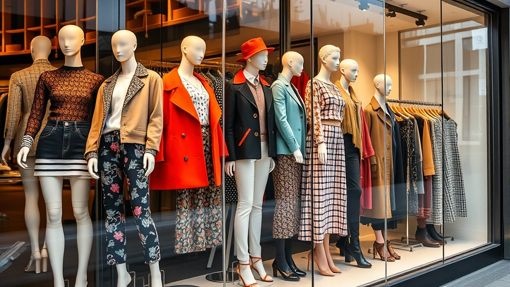 Close-up of fashion district retail windows showcasing trendy clothing on mannequins, designer collections, and curated displays with diverse styles from contemporary to vintage aesthetics