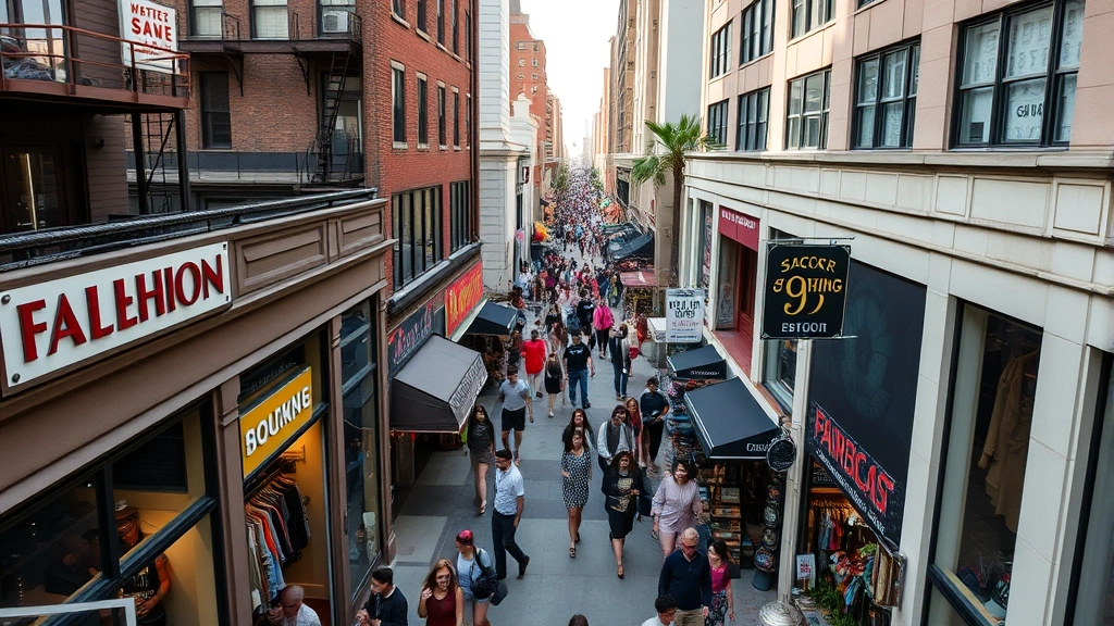 Aerial view of downtown LA Fashion District showing crowded shopping streets, multiple boutiques, vintage shops, and pedestrians navigating between stores on a busy afternoon