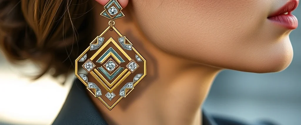 Close-up of luxurious mixed-metal statement earrings with geometric shapes and subtle sparkle, worn by a woman in professional attire, natural lighting highlighting craftsmanship details