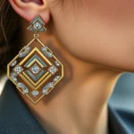 Close-up of luxurious mixed-metal statement earrings with geometric shapes and subtle sparkle, worn by a woman in professional attire, natural lighting highlighting craftsmanship details