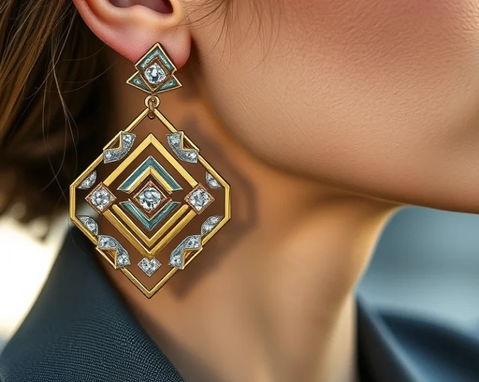 Close-up of luxurious mixed-metal statement earrings with geometric shapes and subtle sparkle, worn by a woman in professional attire, natural lighting highlighting craftsmanship details