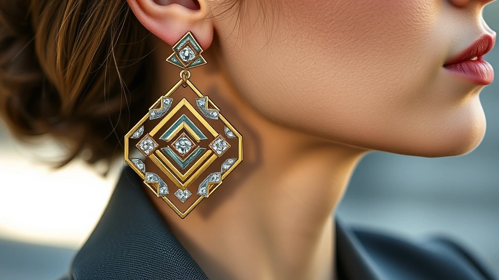 Close-up of luxurious mixed-metal statement earrings with geometric shapes and subtle sparkle, worn by a woman in professional attire, natural lighting highlighting craftsmanship details