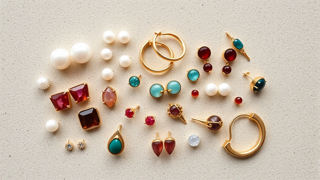 Flat lay arrangement of diverse earring styles including pearl studs, gold hoops, colorful gemstone pieces, and minimalist designs on neutral textured surface, artistic composition