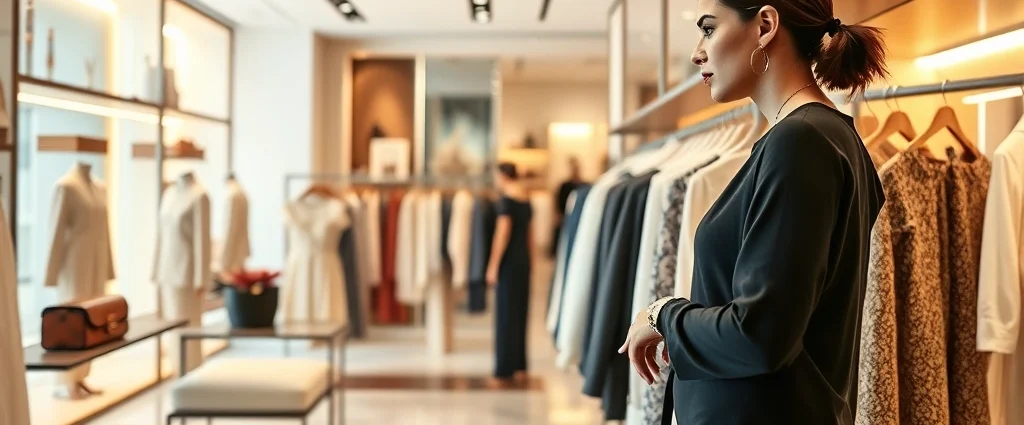 Stylish woman browsing designer clothing racks in high-end boutique with marble flooring, warm lighting, and carefully curated displays of luxury fashion pieces