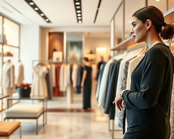 Stylish woman browsing designer clothing racks in high-end boutique with marble flooring, warm lighting, and carefully curated displays of luxury fashion pieces