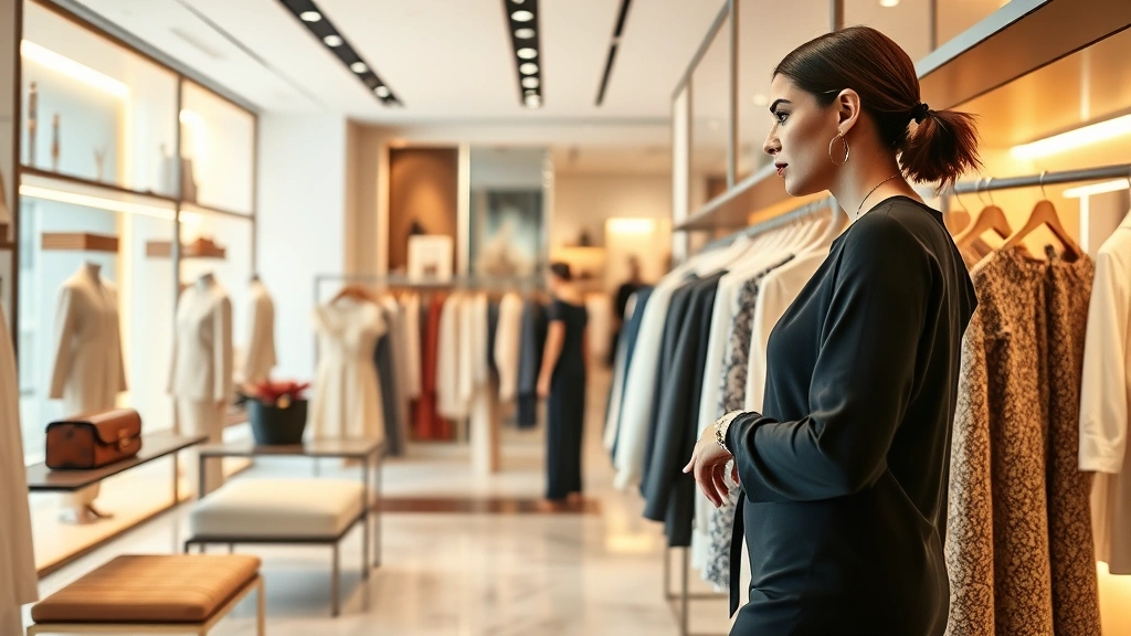 Stylish woman browsing designer clothing racks in high-end boutique with marble flooring, warm lighting, and carefully curated displays of luxury fashion pieces