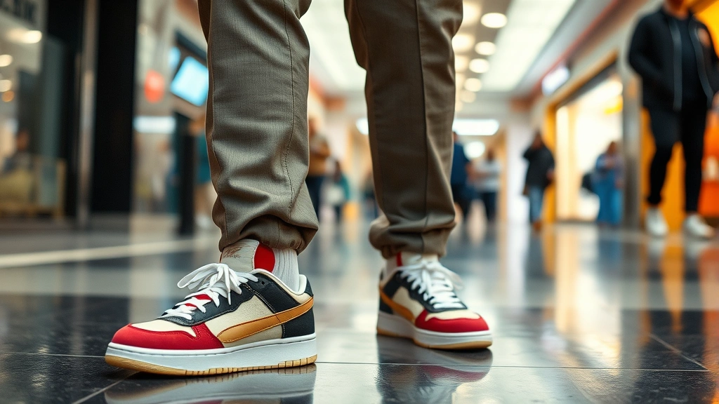 Close-up of fashionable person wearing coordinated streetwear outfit with designer sneakers, vintage band tee, and tailored trousers in urban mall setting