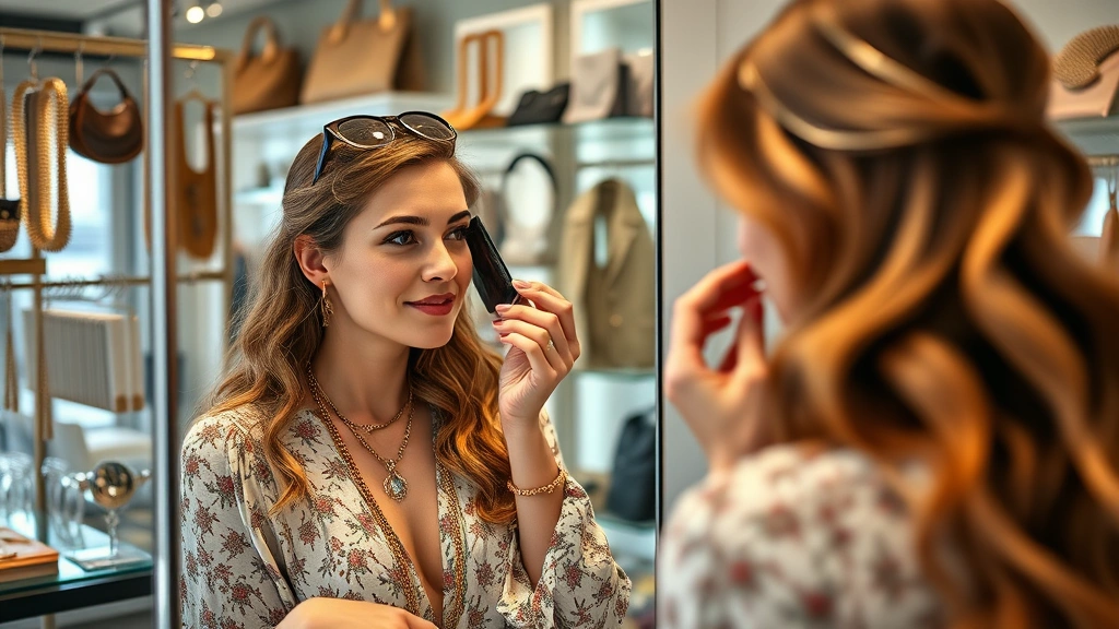Woman trying on accessories and jewelry in modern accessories boutique, examining items in mirror with natural lighting highlighting fine details and craftsmanship