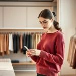 Elegant woman shopping in luxury boutique, examining cashmere sweater, soft natural lighting, marble counter, minimalist aesthetic, professional styling