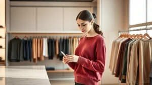 Elegant woman shopping in luxury boutique, examining cashmere sweater, soft natural lighting, marble counter, minimalist aesthetic, professional styling