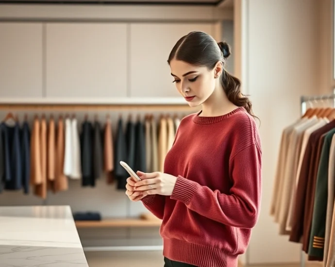 Elegant woman shopping in luxury boutique, examining cashmere sweater, soft natural lighting, marble counter, minimalist aesthetic, professional styling